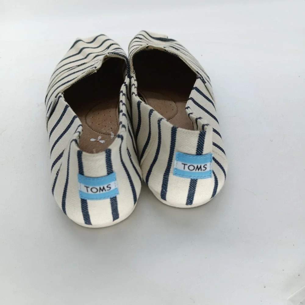 TOMS Alpargata Womens 12 Navy Blue Cream Striped Canvas Slip On Flats Shoes s8